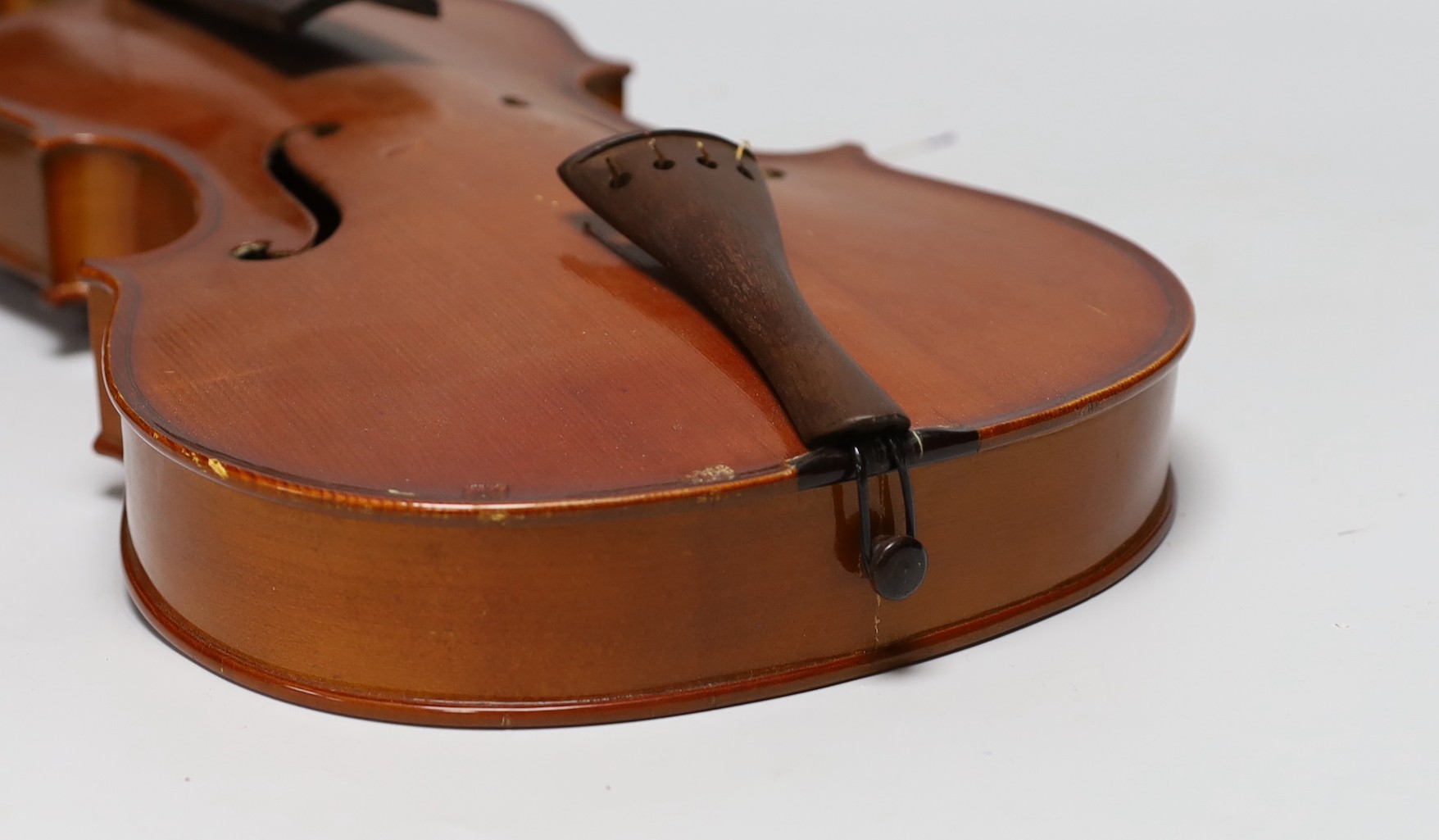 A cased viola and bow, viola back measures, 40.5cm